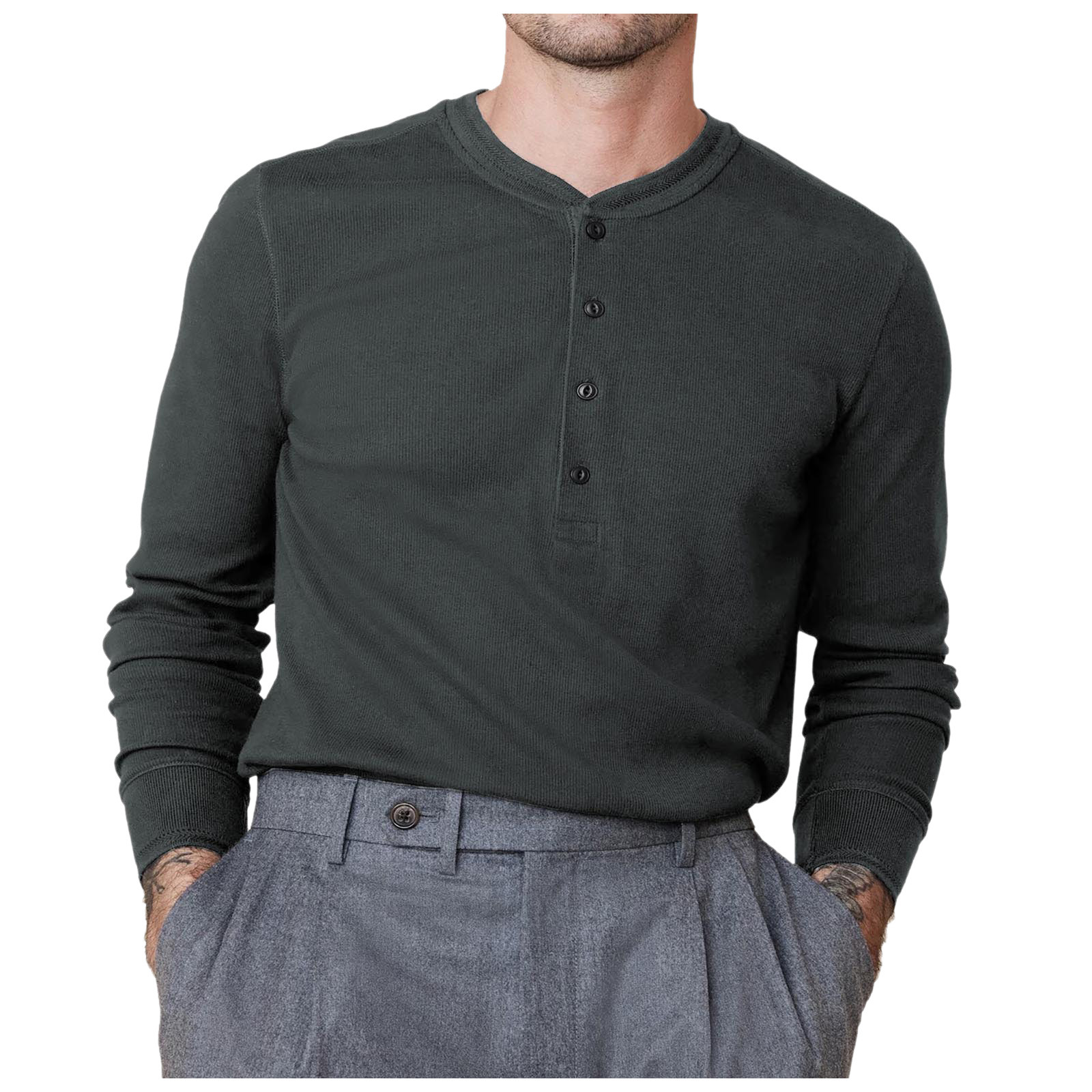 thumbnail image 4 of Camiseta de manga larga con botones y color liso para hombre, para otoño, mezcla de poliéster, cómoda e informal, varias tallas disponibles., 4 of 7